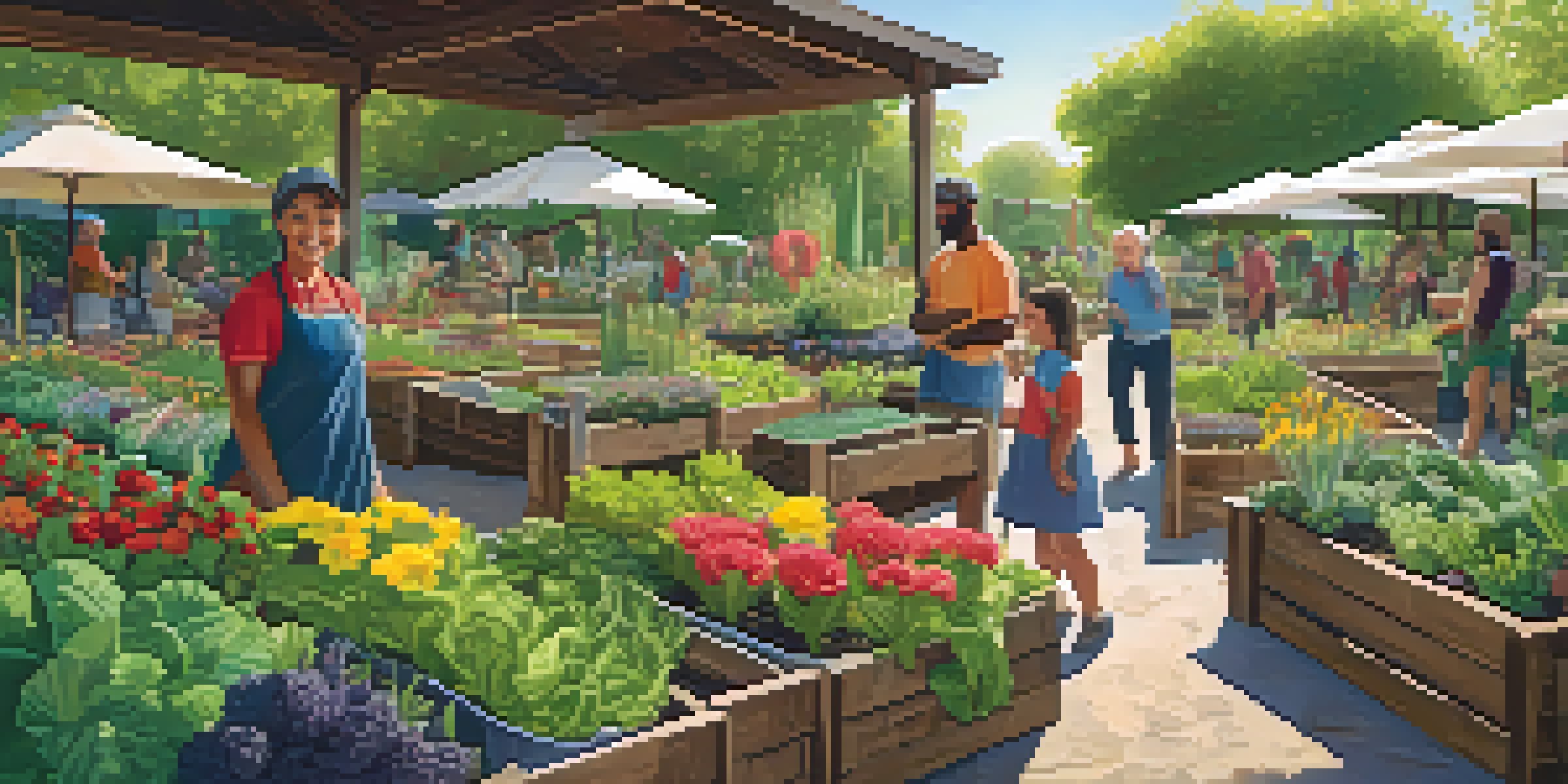 A lively community garden with diverse people tending to plants, surrounded by blooming flowers and vegetables under warm sunlight.