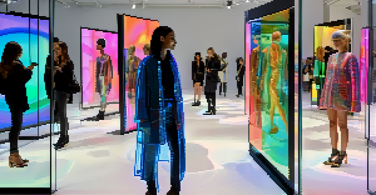 Attendees interacting with augmented reality fashion displays in a modern exhibition space at Fashion Week LA.