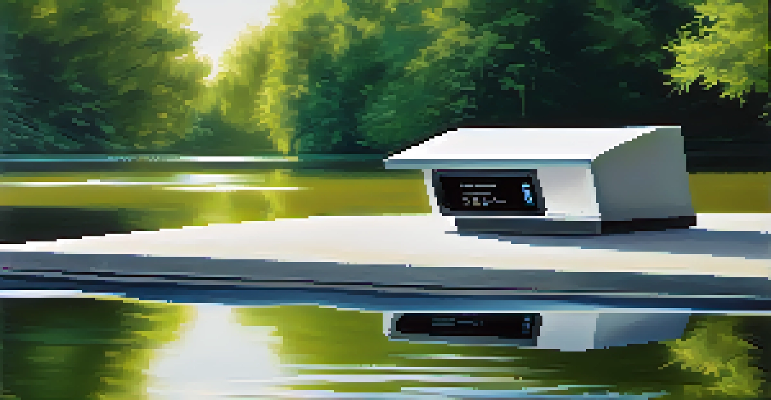 A modern smart sensor device monitoring water quality near a river, surrounded by lush greenery and reflecting trees in the water.