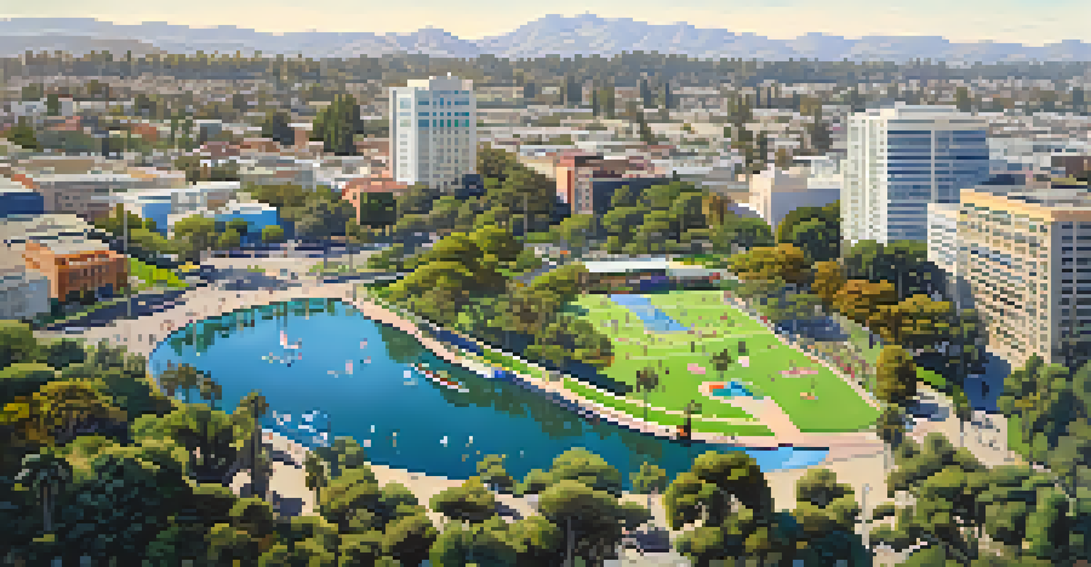 Aerial view of Echo Park showcasing green spaces, playgrounds, and the lake with people enjoying outdoor activities.
