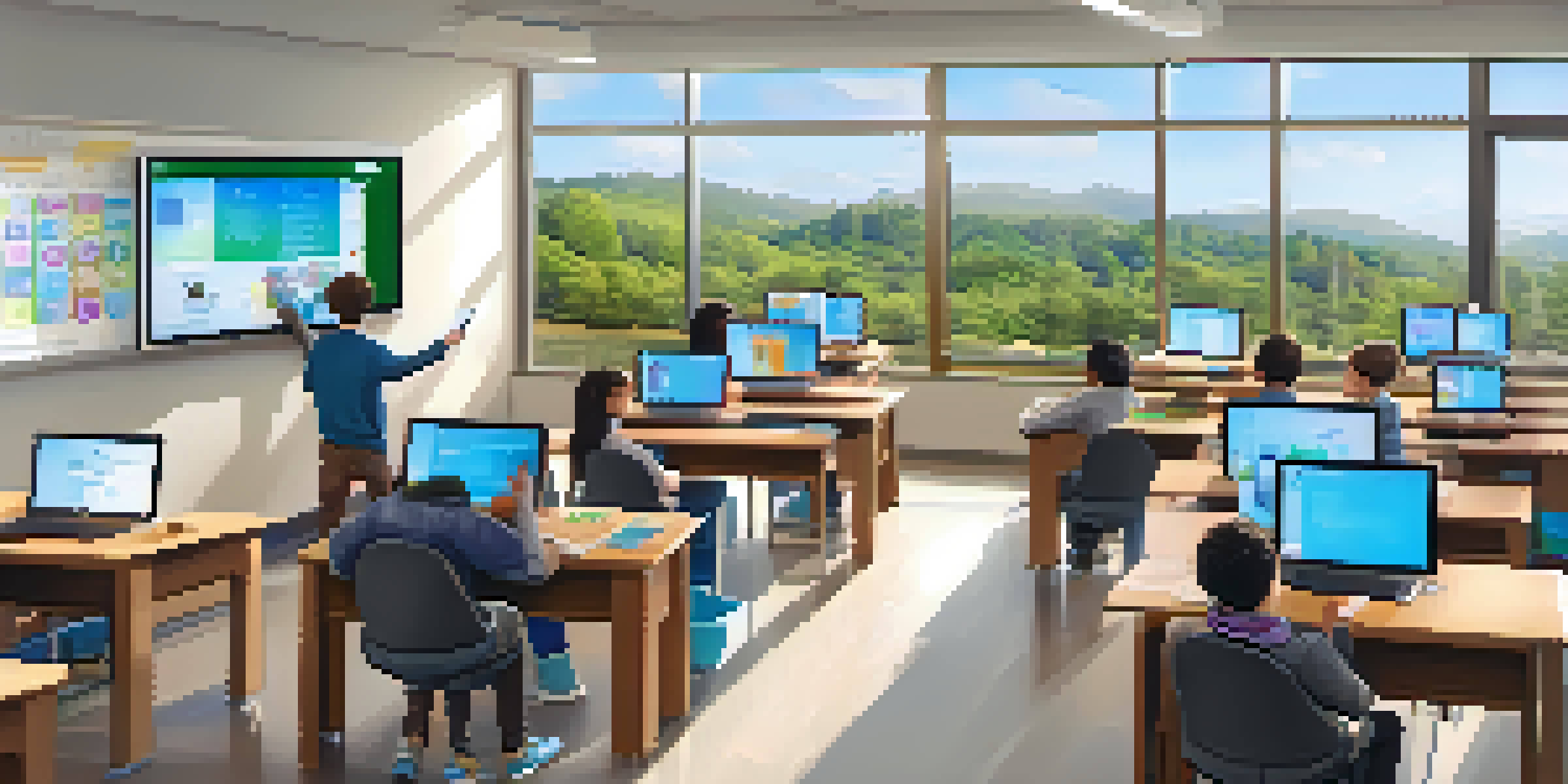 A diverse group of students in a bright classroom using technology for collaborative learning.