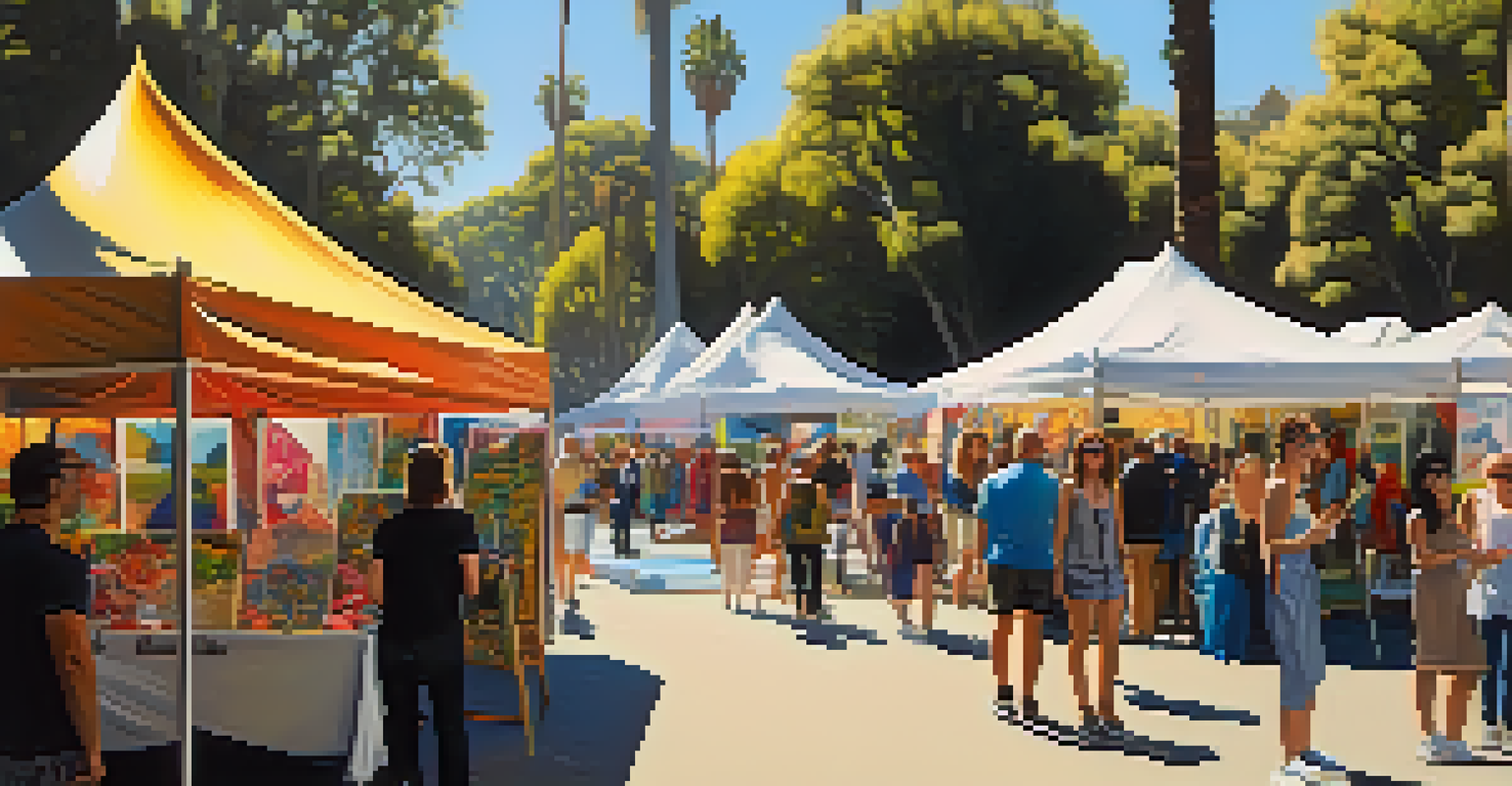 An outdoor art fair in Los Angeles showcasing diverse artists and their colorful artworks.