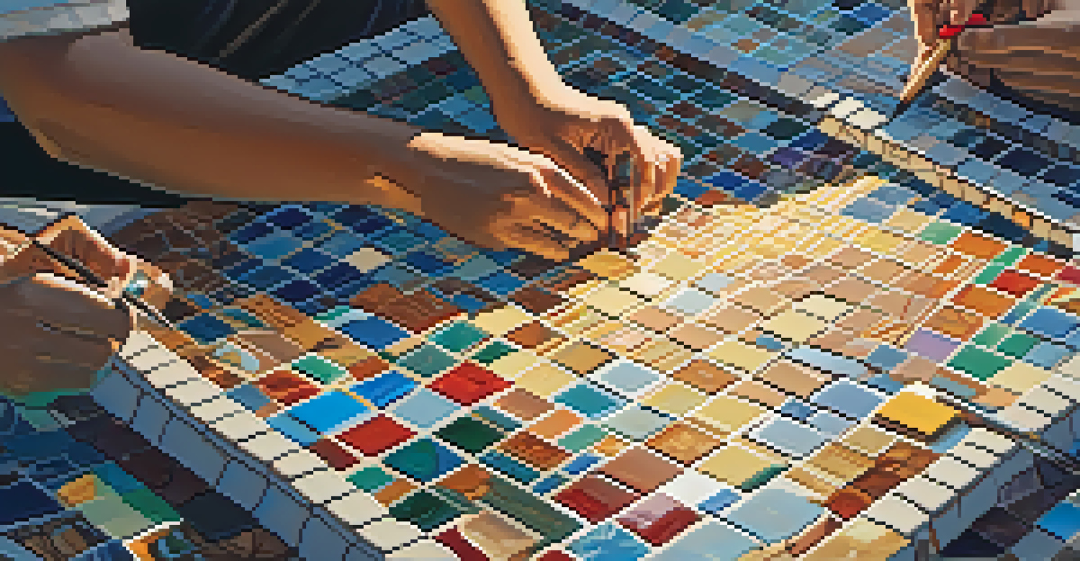 A close-up view of hands assembling a colorful mosaic, with tiles and materials spread around, illuminated by warm sunlight.