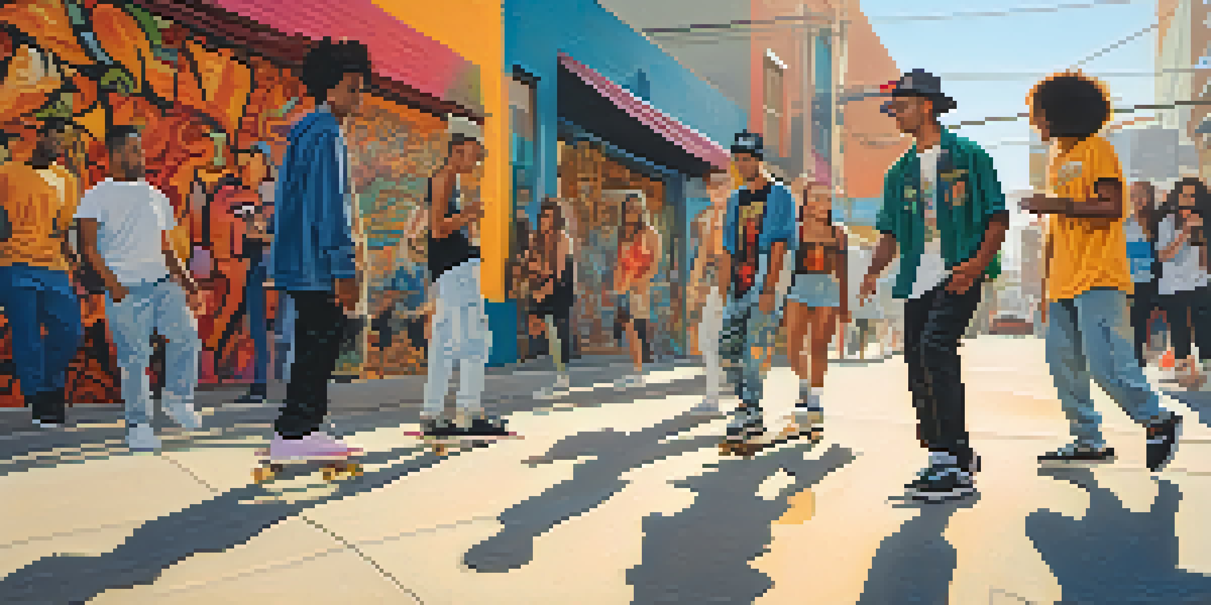 A lively street scene in Los Angeles with diverse individuals wearing a blend of streetwear and traditional clothing against colorful murals.