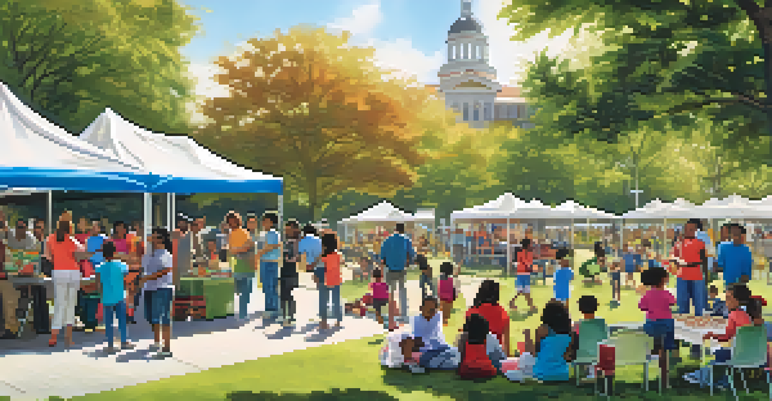 A community event celebrating educational equity, featuring families and educators interacting with booths and children playing in the background.