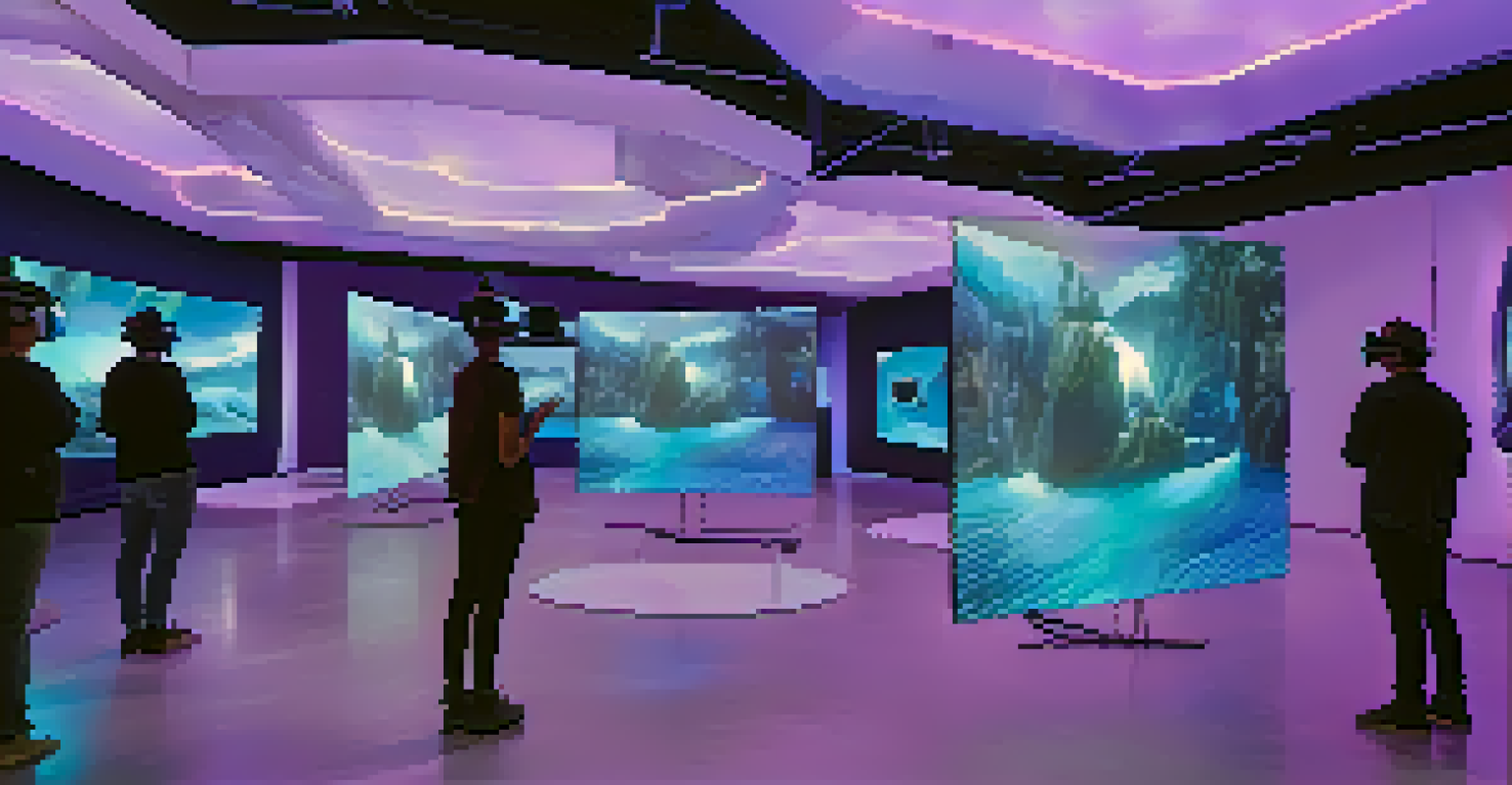 A futuristic digital gallery showcasing an immersive virtual art exhibition with floating screens and visitors in VR headsets.