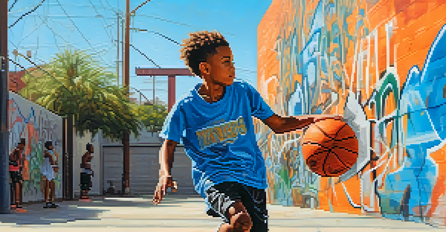 A young boy in a blue jersey practicing basketball in an urban park in Los Angeles, surrounded by palm trees and graffiti.