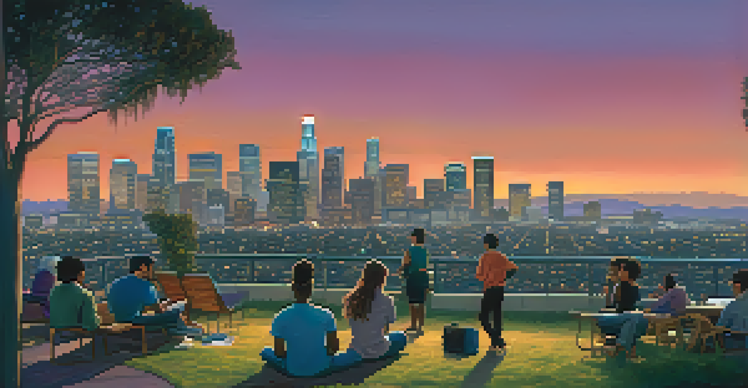 A panoramic view of Los Angeles at dusk with a vibrant skyline and diverse people enjoying a park.