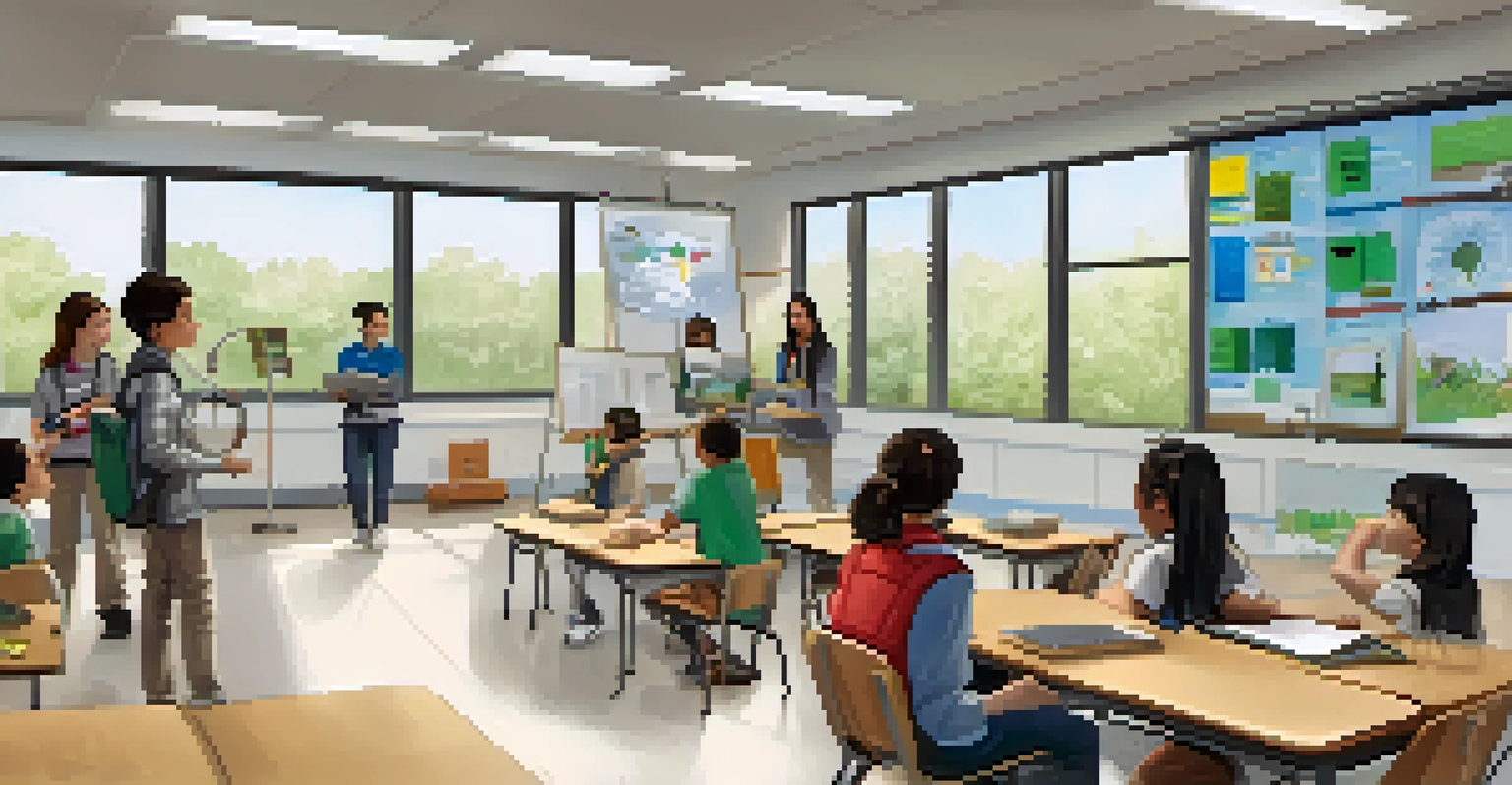 A classroom filled with students measuring air pollution and presenting findings, with educational posters about clean air and sustainability on the walls.