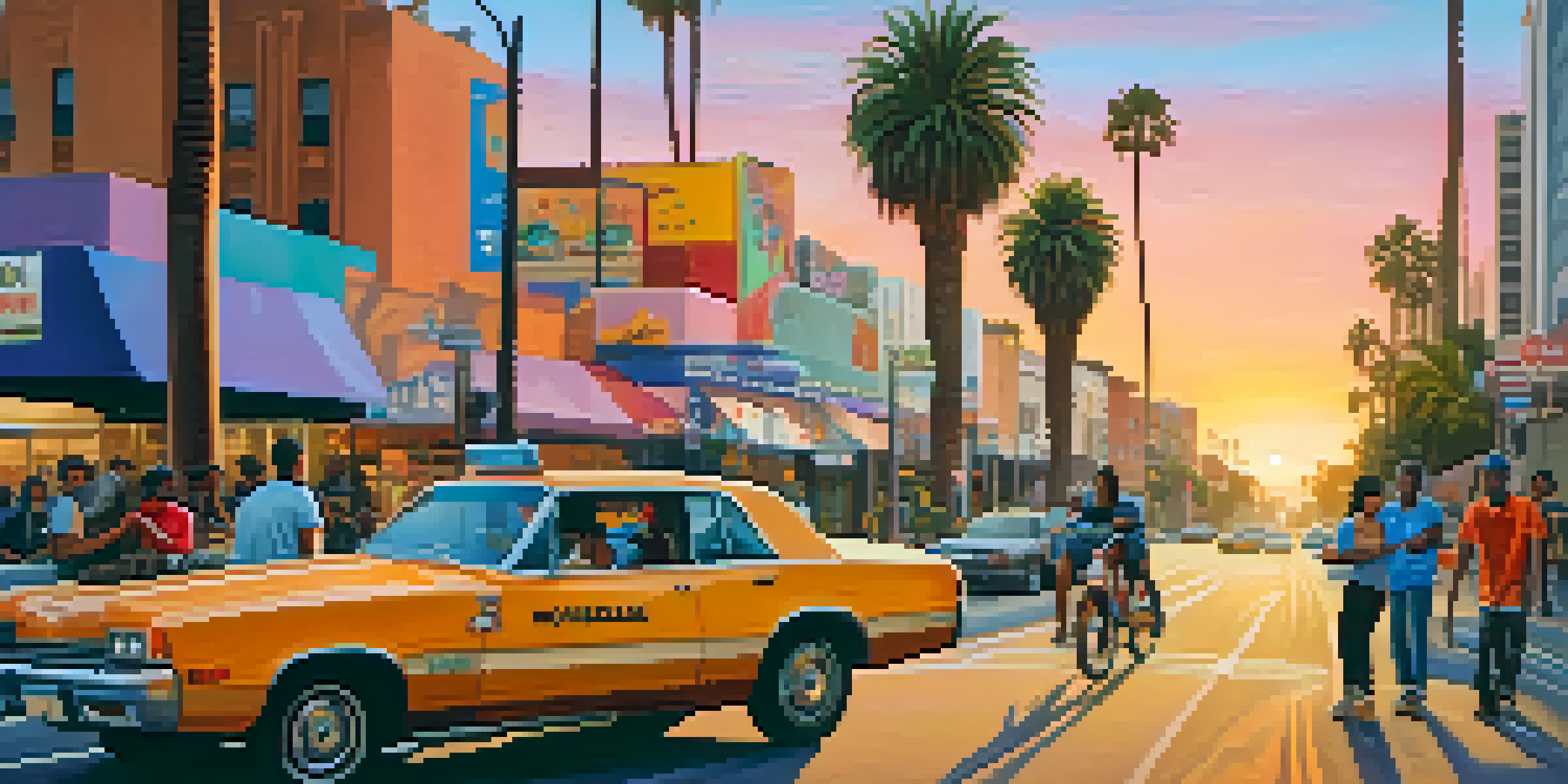 A lively Los Angeles street with gig workers like a ride-share driver, food delivery person, and graphic designer, set against a sunset backdrop with palm trees and murals.