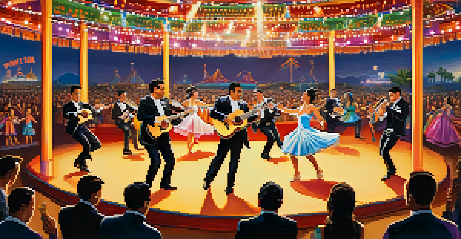 An energetic live performance at the LA County Fair with a mariachi band and traditional dancers on stage, captivating the audience with colorful decorations in the background.