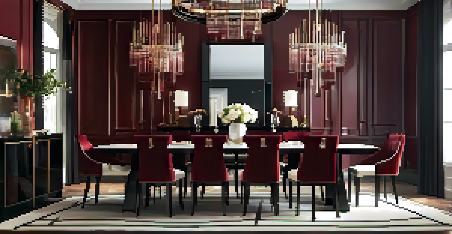 A stylish dining room with Art Deco features, including a glossy dining table, burgundy upholstered chairs, and a unique geometric mirror, illuminated by a soft chandelier.