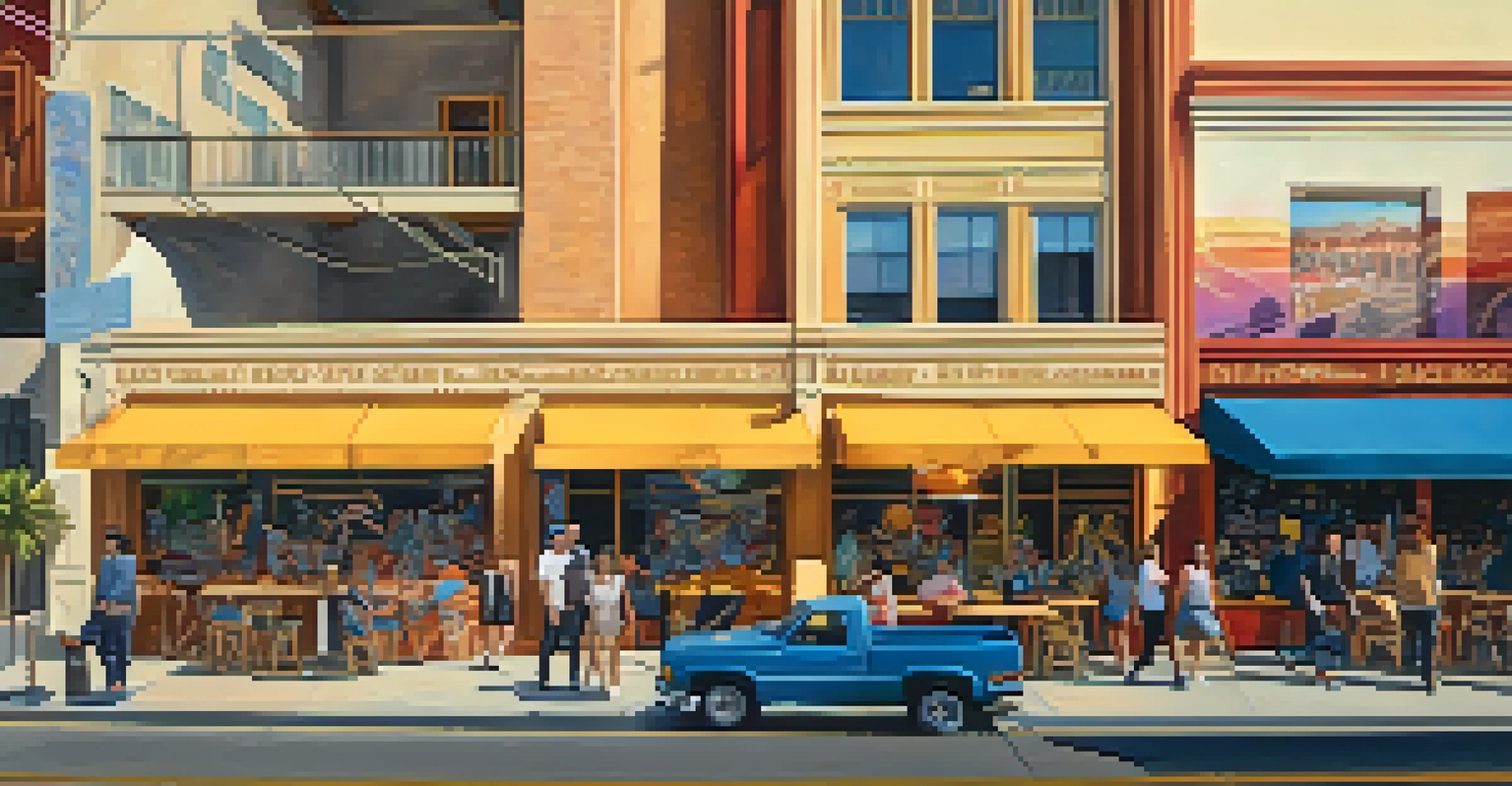 A lively scene in the Arts District of Los Angeles, featuring colorful murals and people walking under warm sunlight.