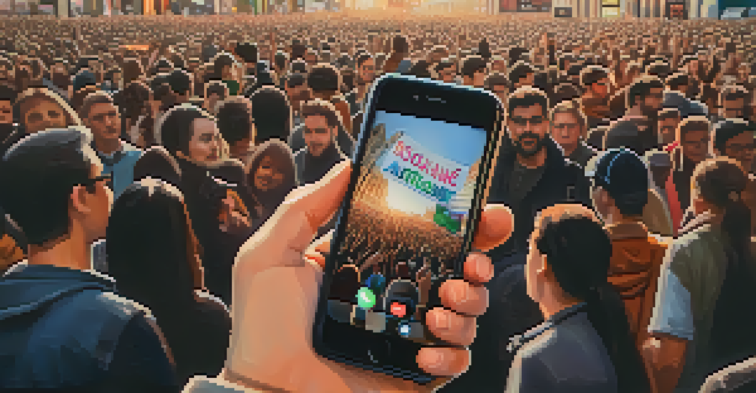 A close-up of a smartphone showing a trending social media hashtag, with a blurred crowd of protesters in the background.