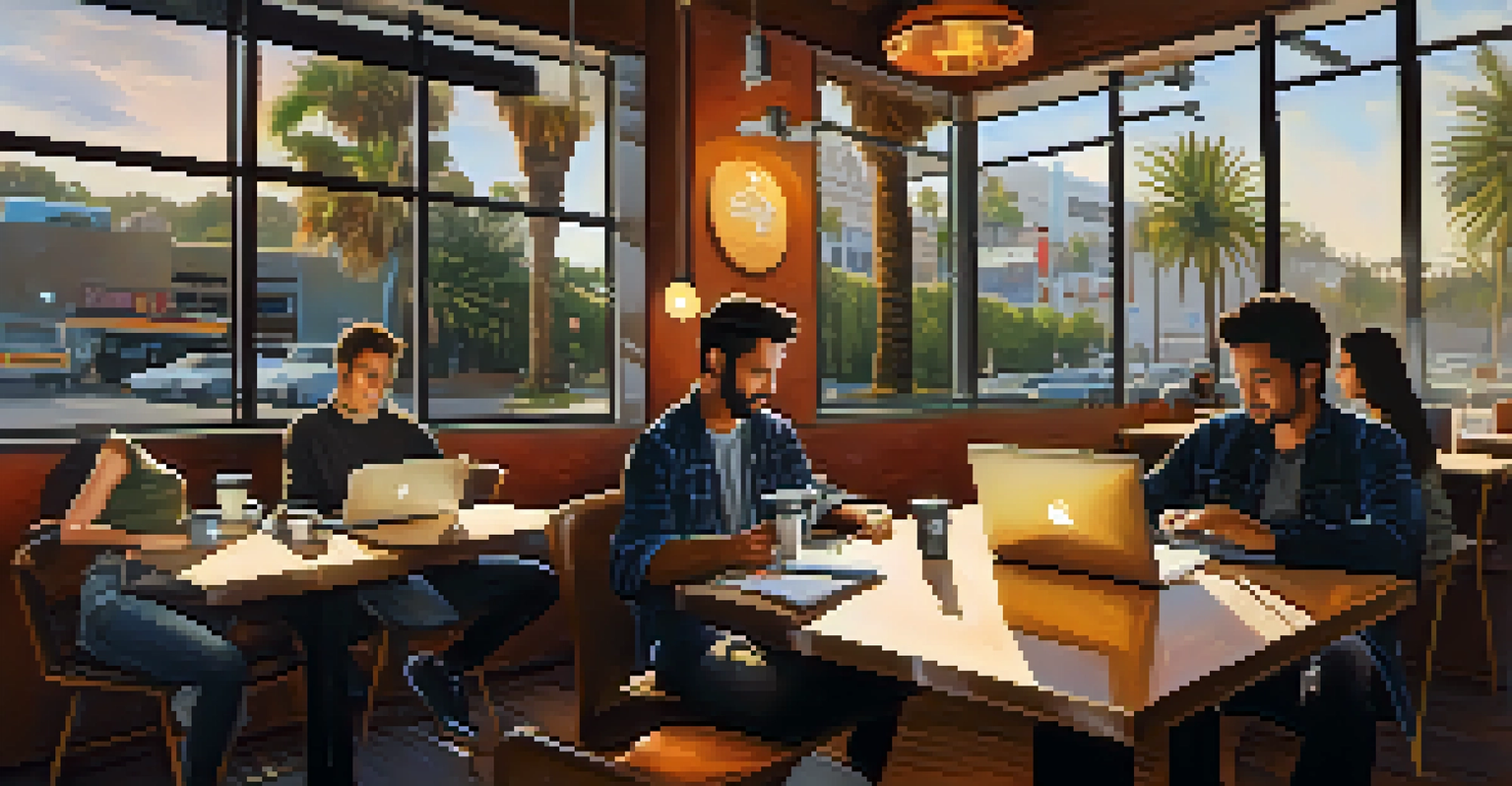 A cozy coffee shop where tech entrepreneurs gather around a table filled with laptops and coffee cups, engaged in a brainstorming session.