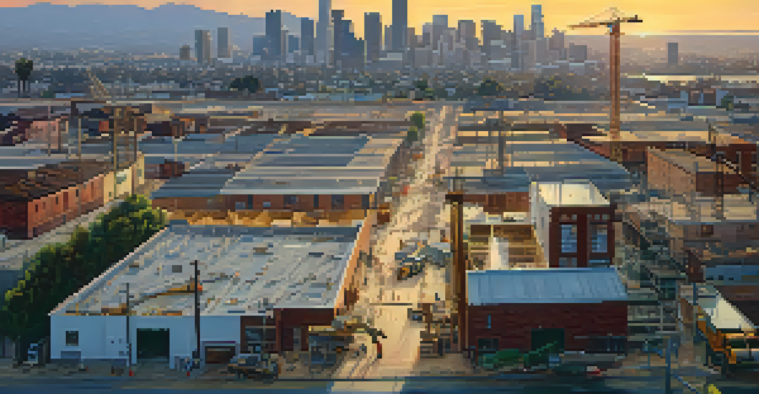 Aerial view of adaptive reuse construction in Los Angeles, showing old warehouses being transformed into affordable housing units against the city skyline.