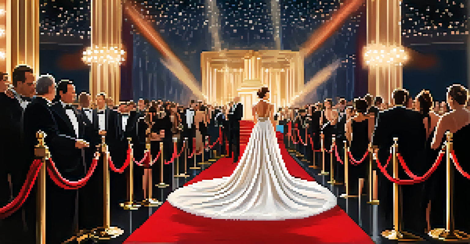A celebrity in a flowing gown on the red carpet at the Oscars, surrounded by photographers and a glamorous atmosphere.
