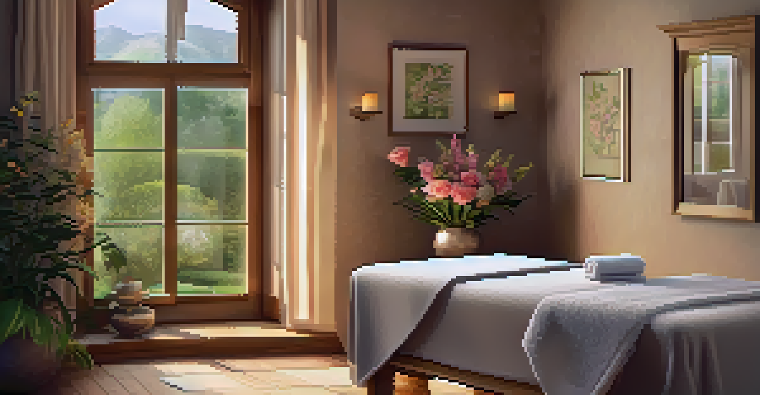A cozy wellness spa room with soft candlelight, a massage table with flowers, and a view of a tranquil garden, creating a peaceful atmosphere.