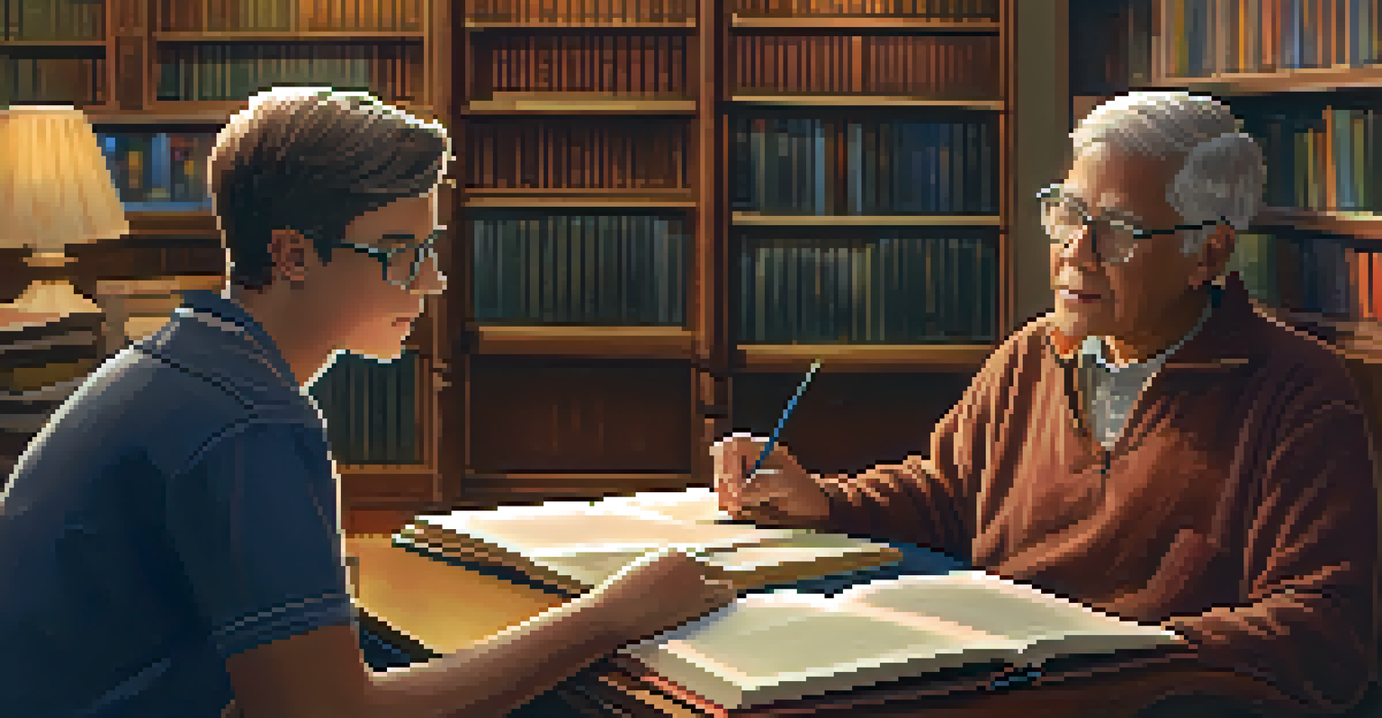 A mentor guiding a young participant in a library, discussing a book with warm lighting.