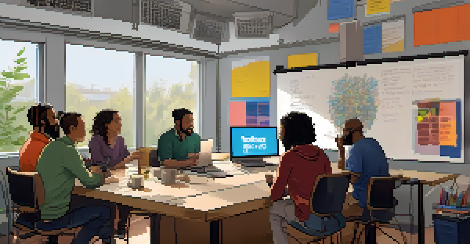 A diverse group of podcasters discussing ideas in a well-equipped recording studio with bright natural light.