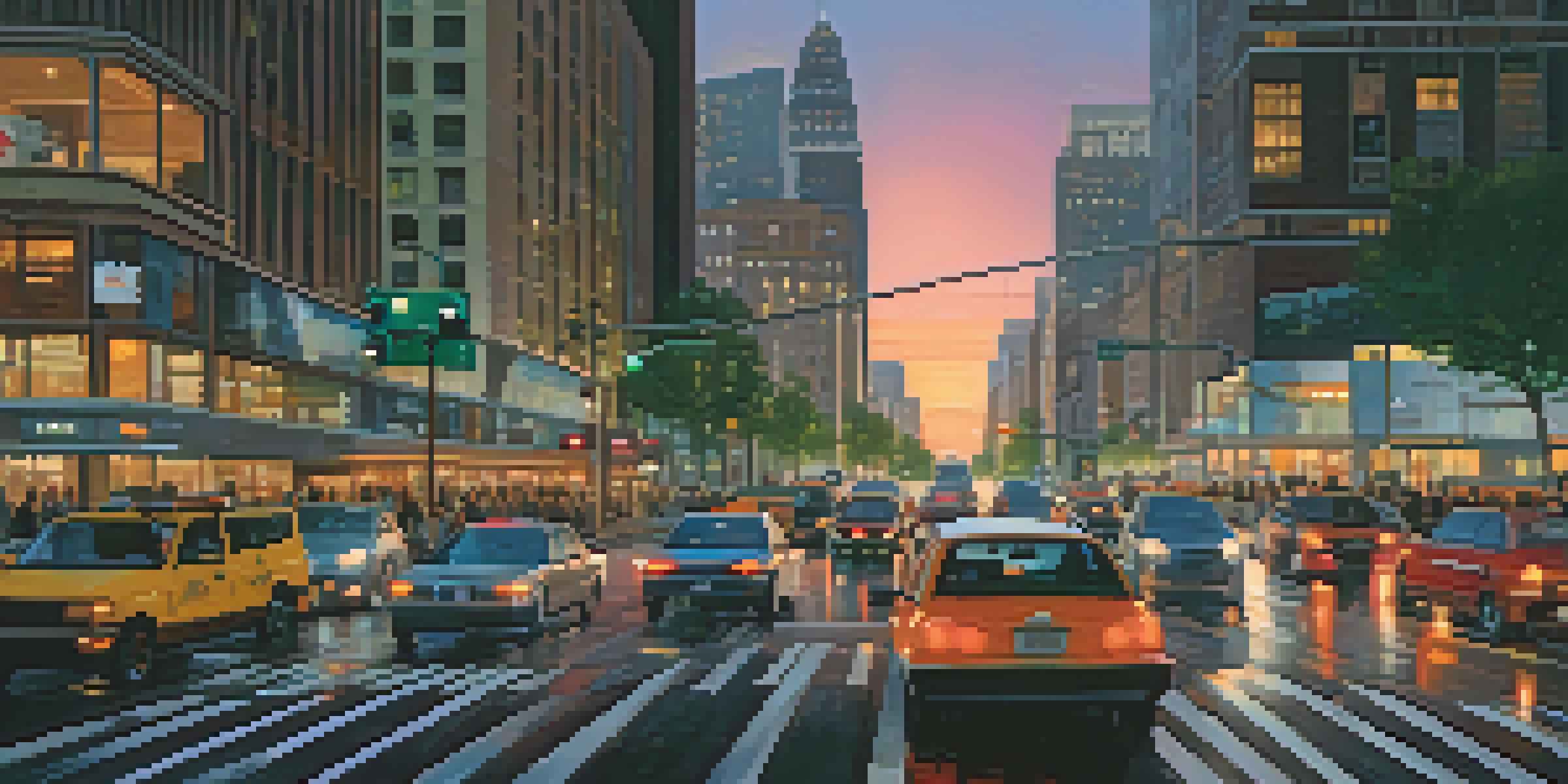 A busy urban intersection at dusk with smart traffic signals, vehicles in motion, and pedestrians waiting, under a colorful sunset sky.