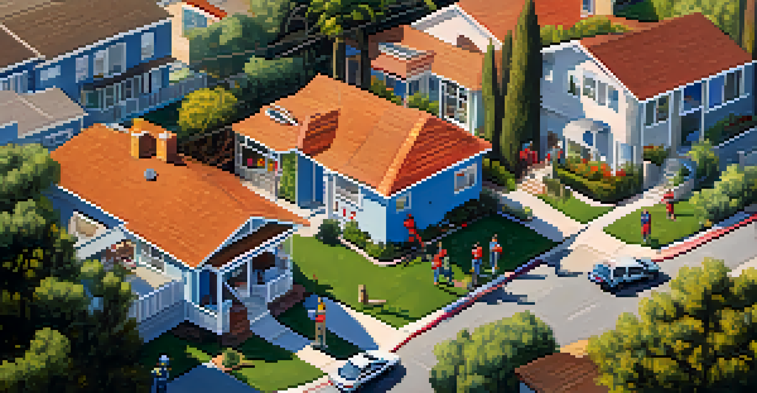 Aerial view of Los Angeles residents practicing fire preparedness, with banners promoting safety and a community spirit.