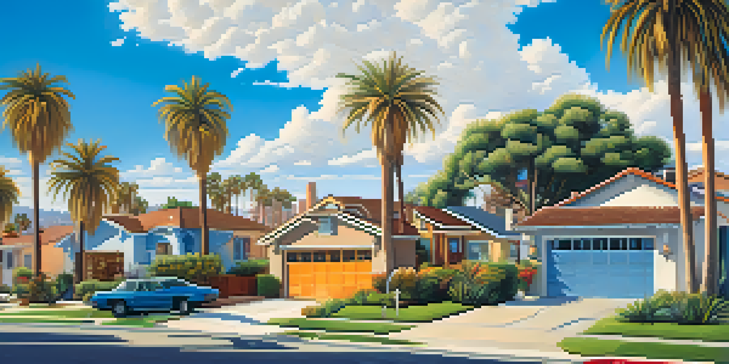 A vibrant Los Angeles neighborhood with palm trees and a mix of modern and traditional homes under a clear blue sky.