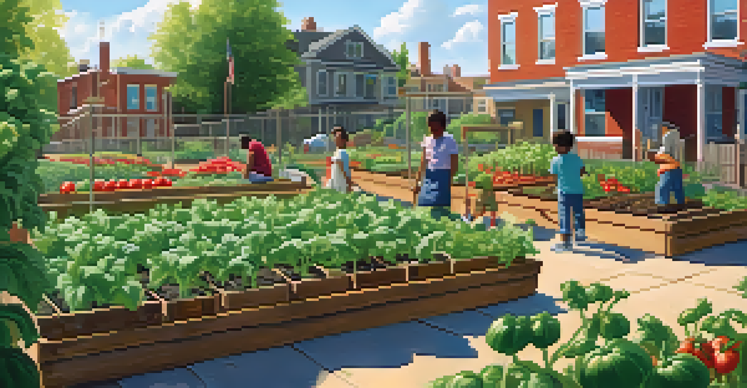 A community garden filled with vegetables and children playing nearby, with a sign that says 'Community Garden'.