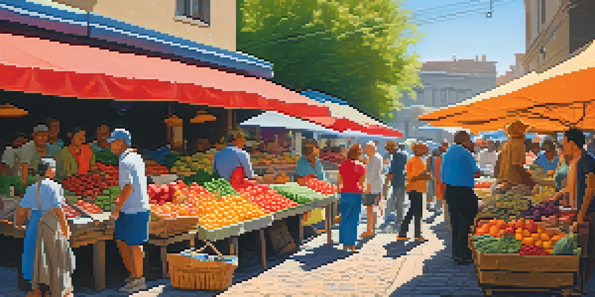 A colorful local market filled with diverse shoppers and fresh produce under sunlight.