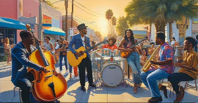 A lively outdoor performance in Los Angeles featuring a diverse group of musicians, surrounded by colorful murals and palm trees during sunset.