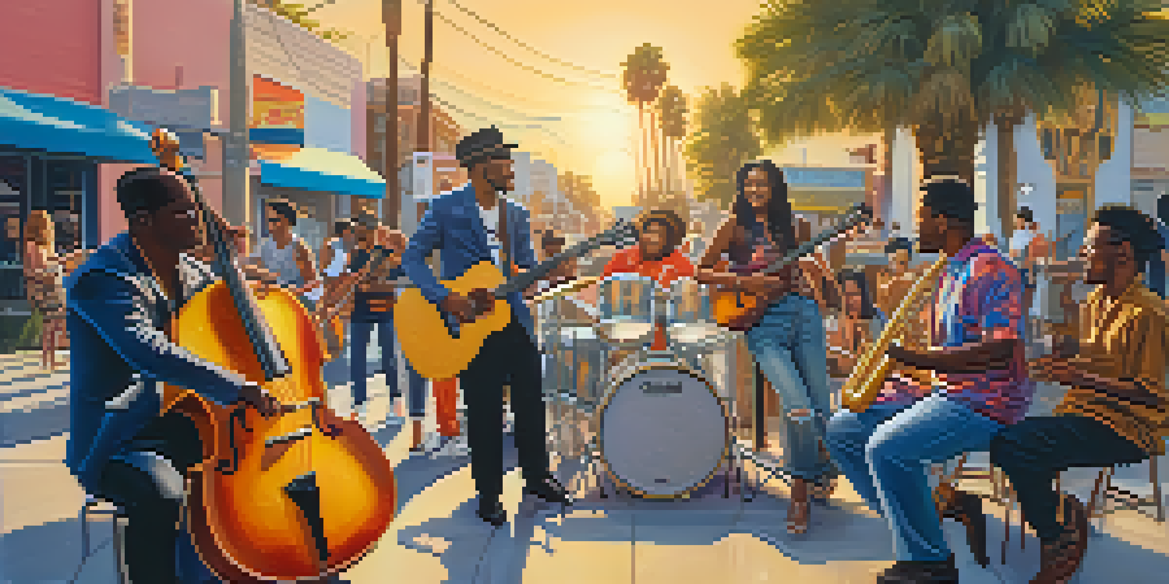 A lively outdoor performance in Los Angeles featuring a diverse group of musicians, surrounded by colorful murals and palm trees during sunset.