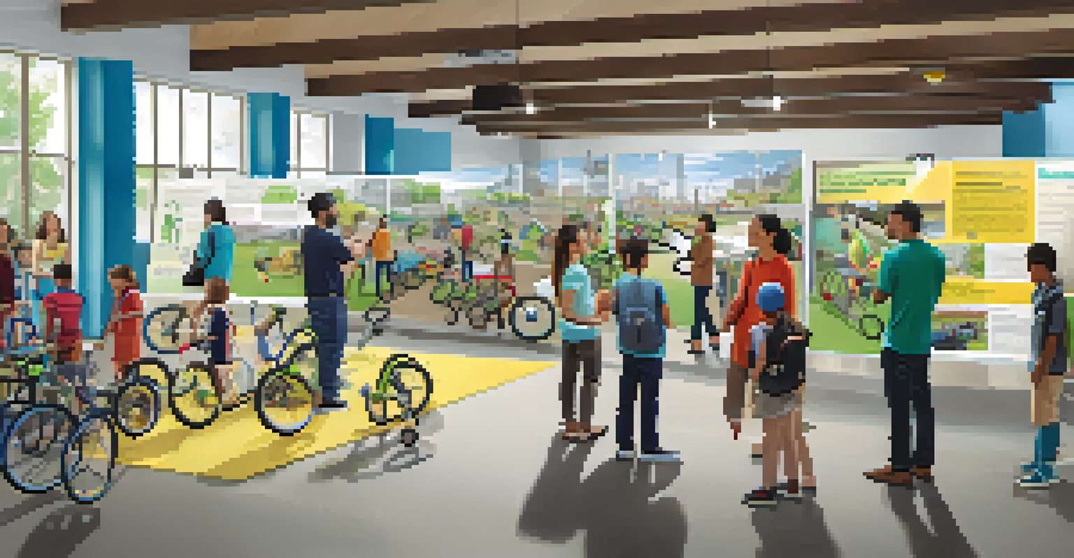 A community workshop focused on sustainable transport, with families and children interacting with displays and educational materials.
