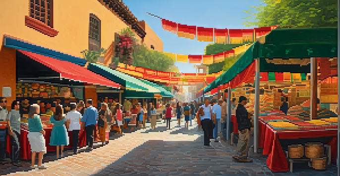 A bustling marketplace on Olvera Street with colorful stalls, historic adobe buildings, and people enjoying the cultural atmosphere.