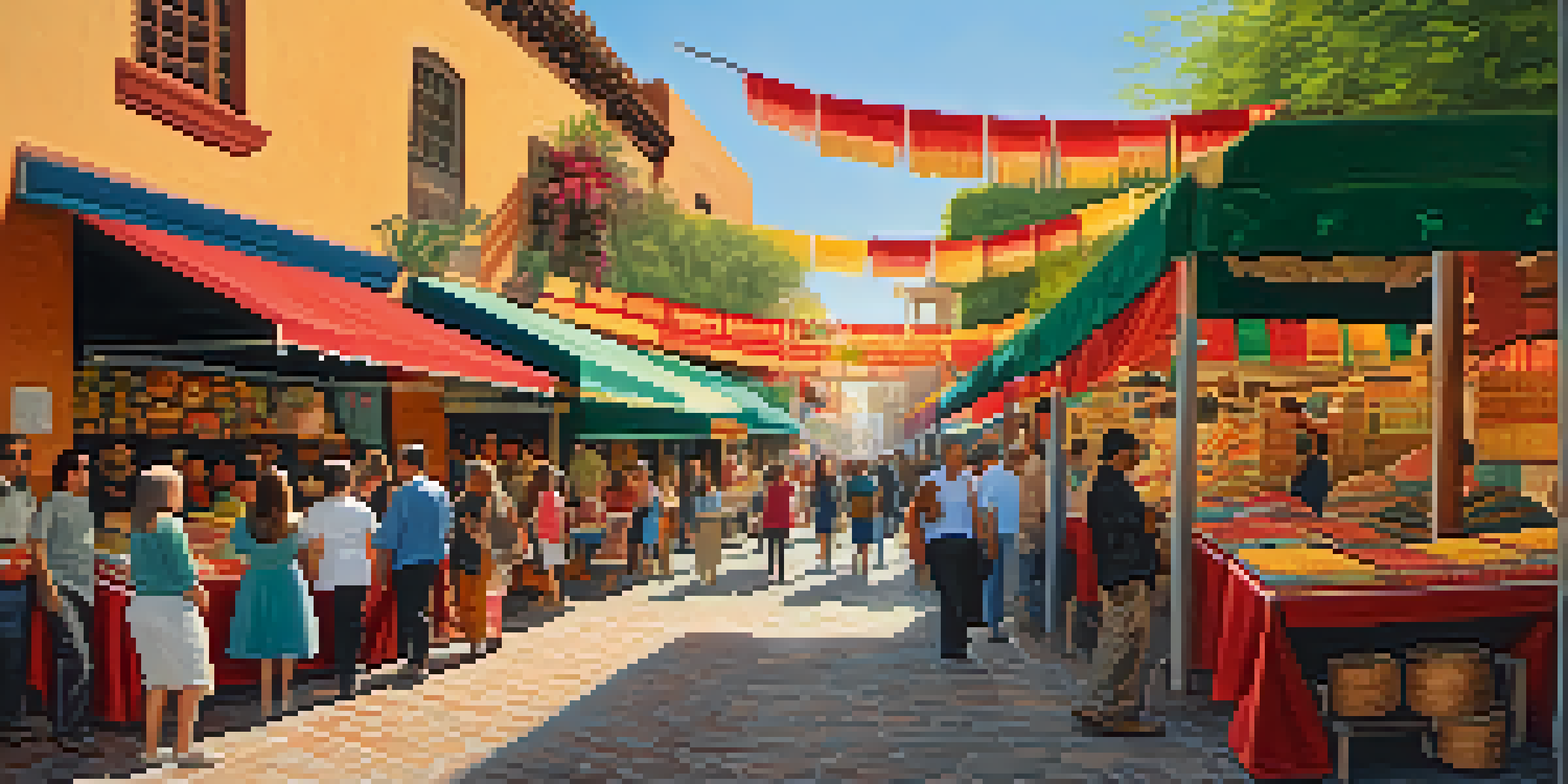 A bustling marketplace on Olvera Street with colorful stalls, historic adobe buildings, and people enjoying the cultural atmosphere.