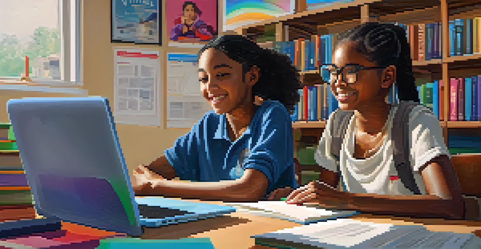 A student conducting an online tutoring session with a younger student over a laptop, in a bright and educational environment.