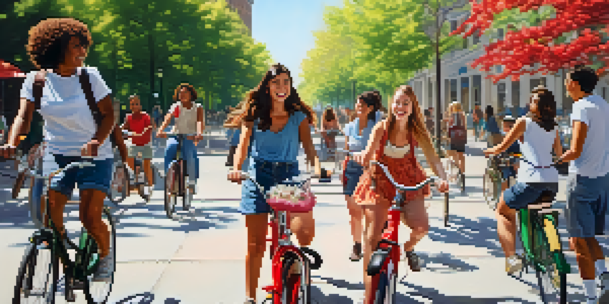 A diverse group of people enjoying a bike-sharing program in a sunny urban park, with a young woman riding a red bike and friends in the background.