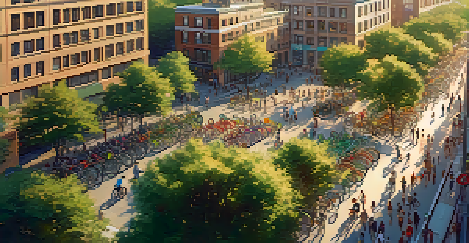 Aerial view of a city showcasing bike-sharing stations, colorful bikes, green parks, and busy streets under a warm sunset.