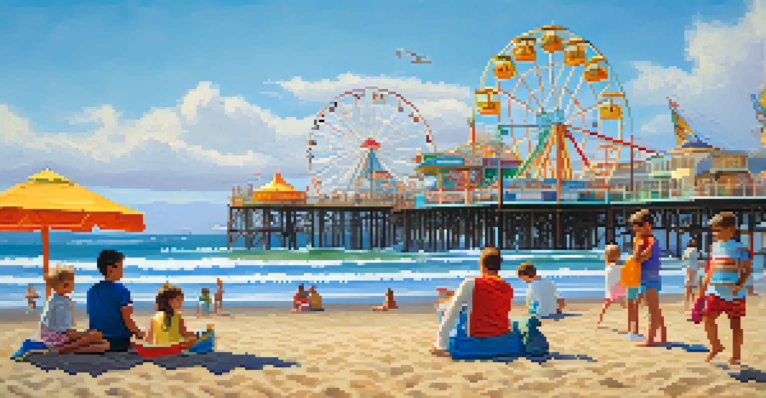 Families having fun at Santa Monica Pier with the beach, Ferris wheel, and clear blue skies.