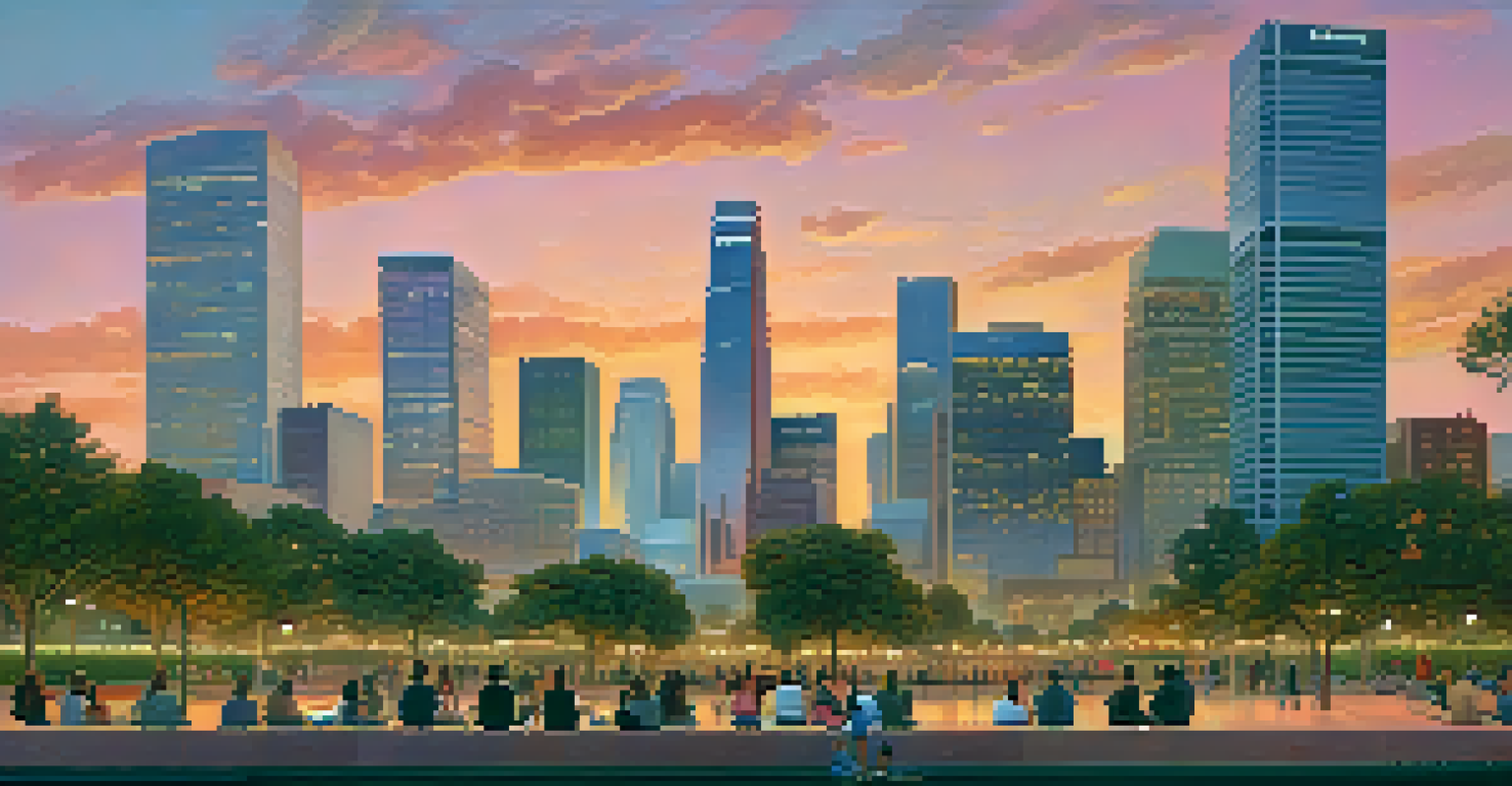 A panoramic sunset view of the Los Angeles skyline with reflecting skyscrapers and a diverse group of people in a park.