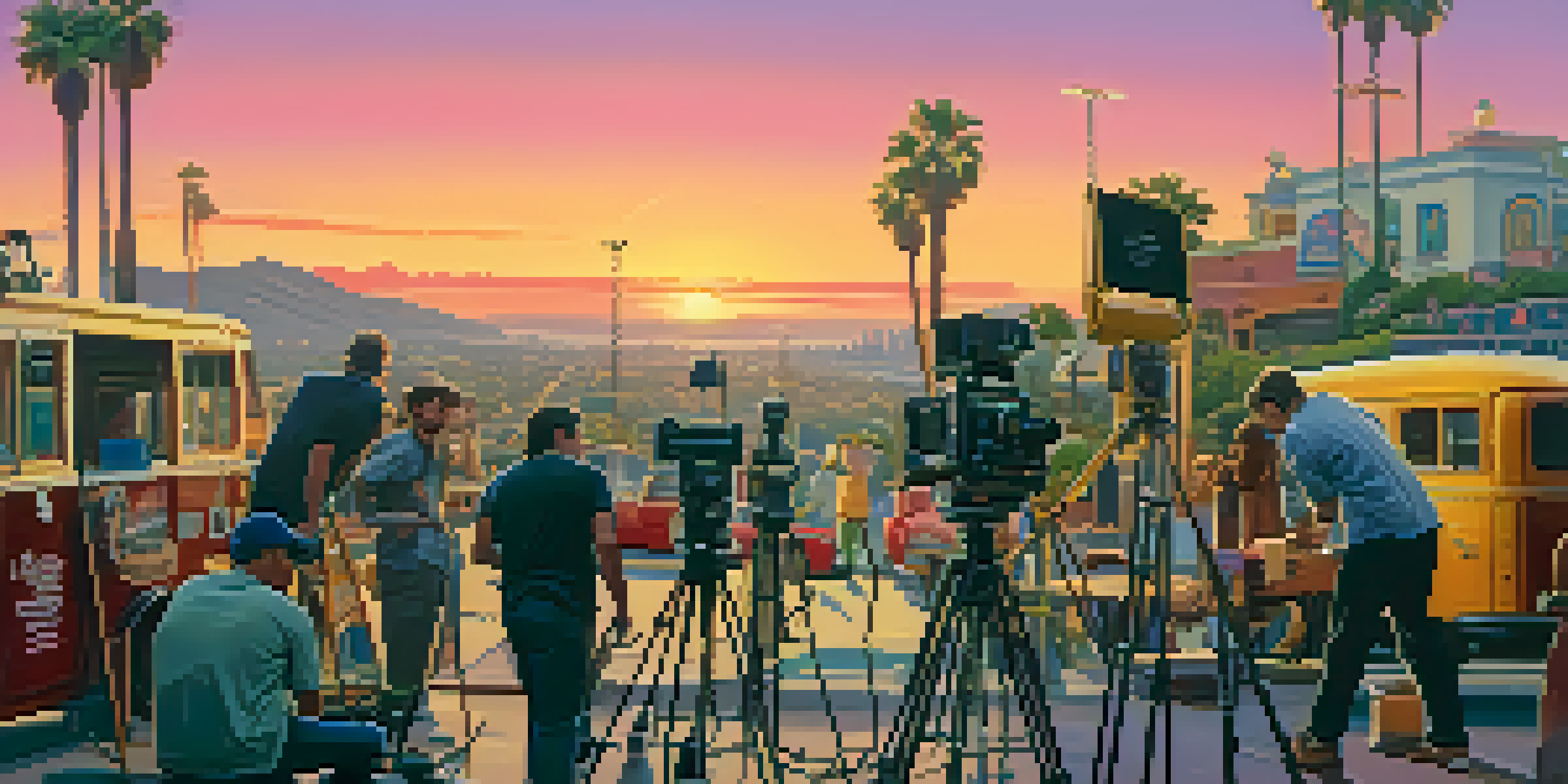 A lively film set in Los Angeles with a mix of modern and traditional filmmaking tools, diverse crew members, and warm golden hour lighting.