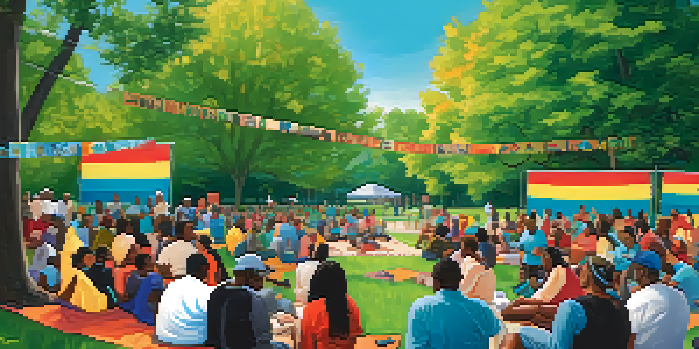 A community gathering in a park with diverse individuals discussing substance abuse awareness, surrounded by colorful banners and nature.