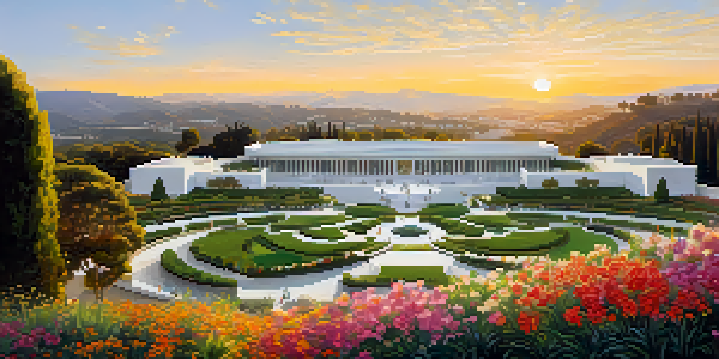 A panoramic view of the Getty Center with modern architecture and manicured gardens at sunset.