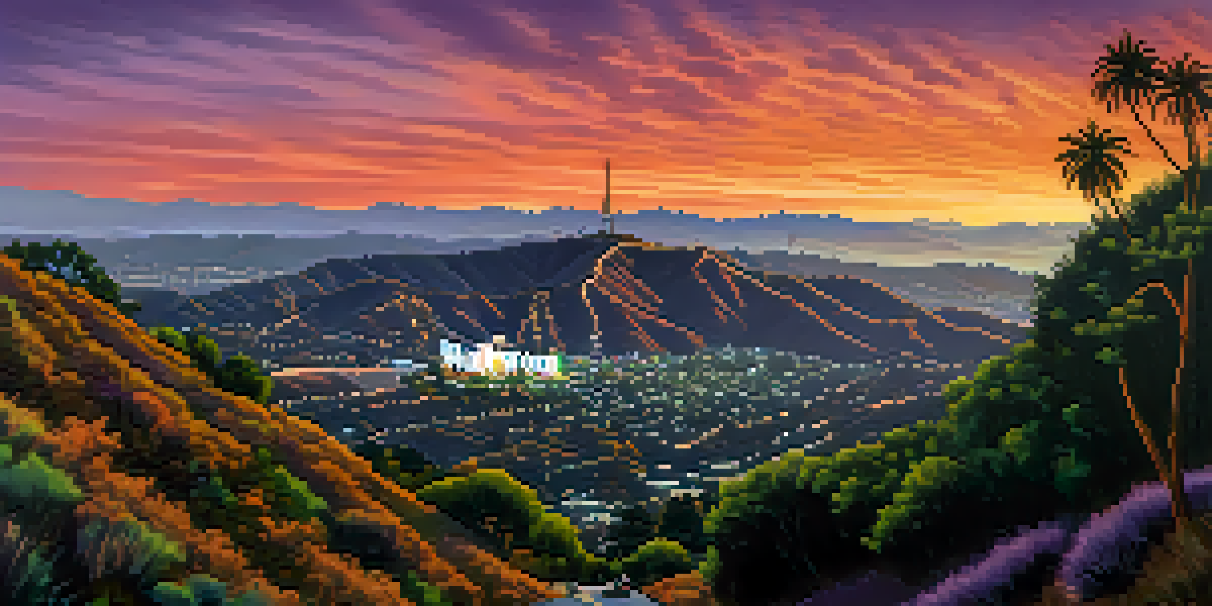 A stunning sunset view of the Hollywood Sign, with vibrant colors in the sky and hikers in the foreground.