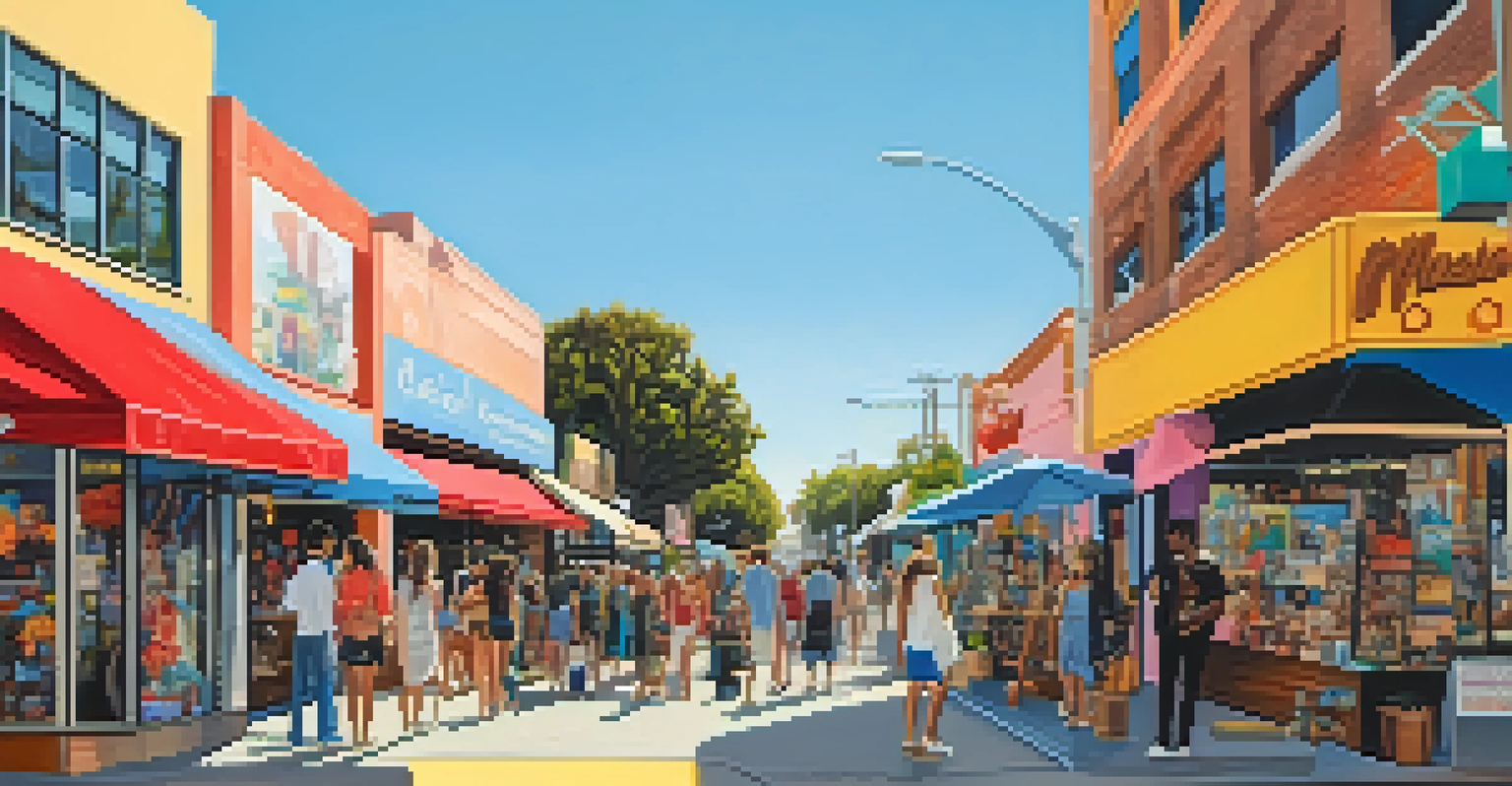 People shopping on Melrose Avenue surrounded by vibrant street art and boutiques.
