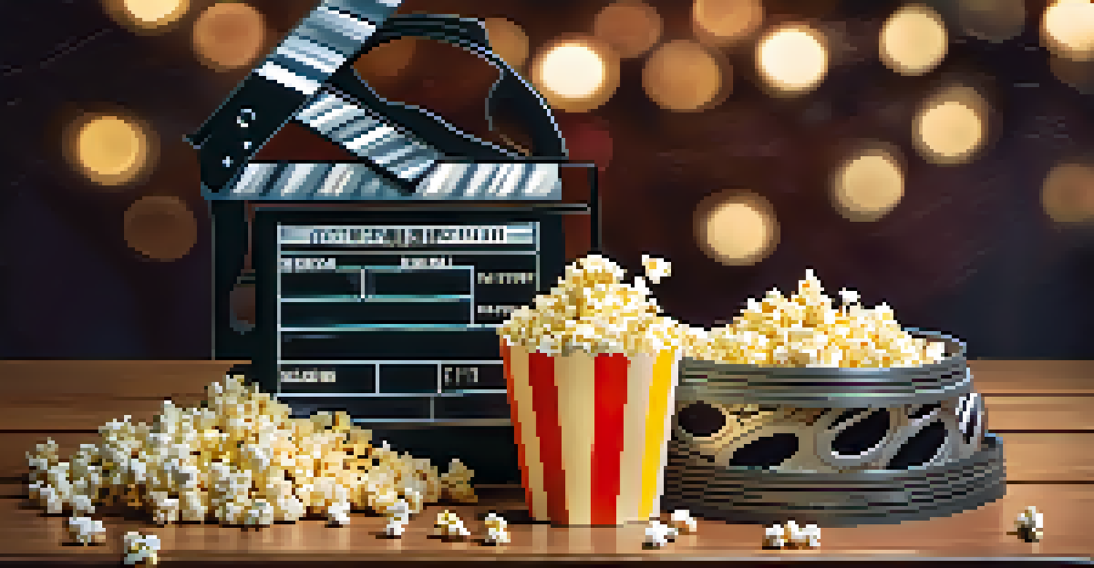 A close-up of a film reel and clapperboard on a table, surrounded by popcorn and drinks, evoking the joy of cinema.