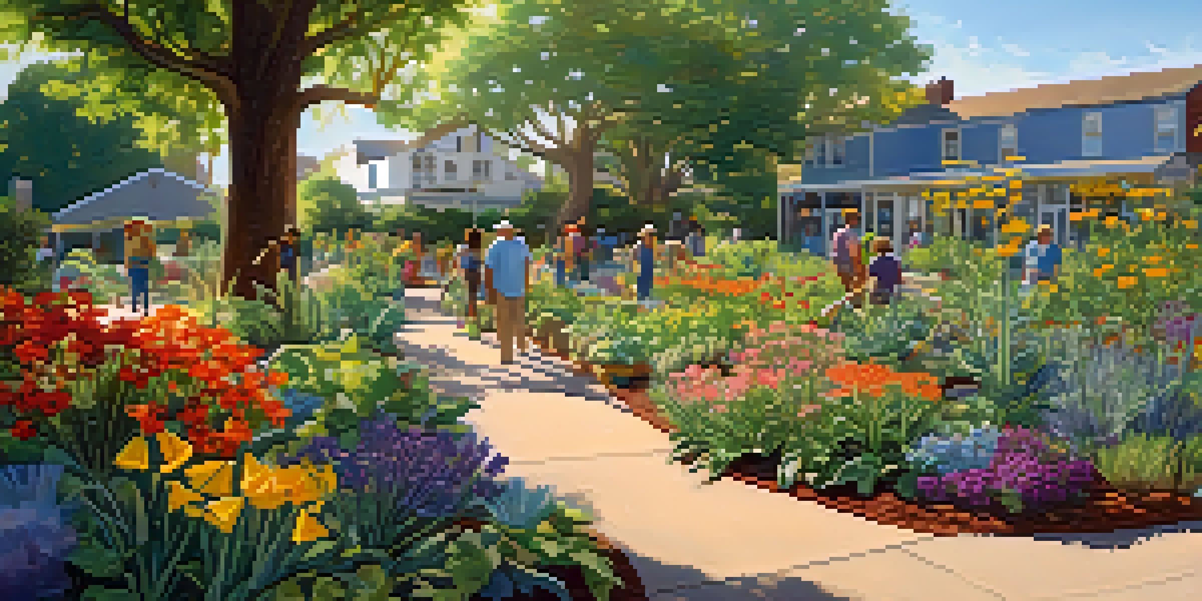 A diverse group of people working together in a colorful community garden filled with native plants and butterflies, under a bright blue sky.