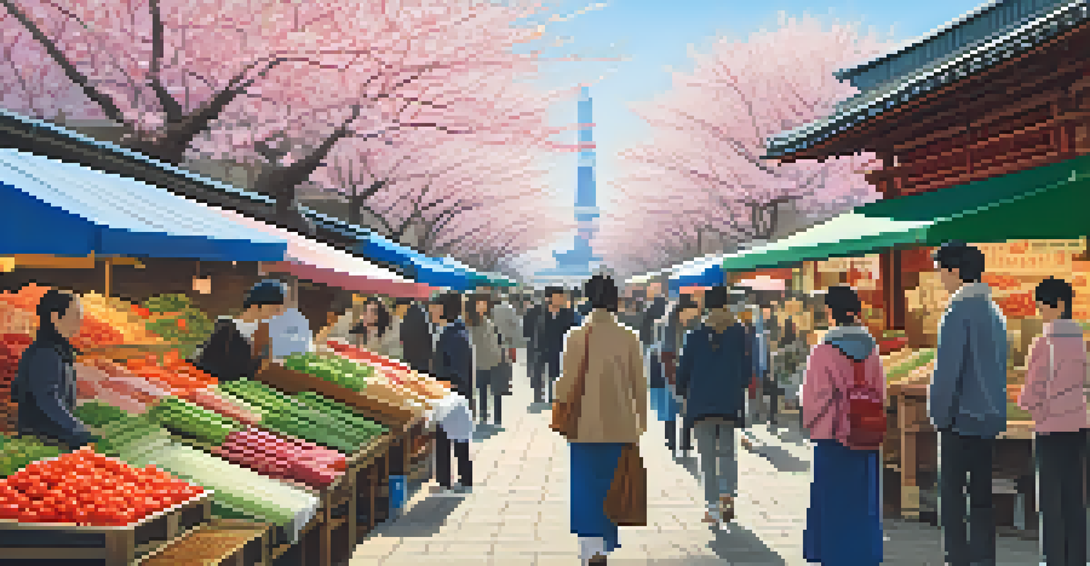 A bustling outdoor market in Tokyo, with a language learner practicing Japanese with a local vendor among colorful stalls and cherry blossoms.