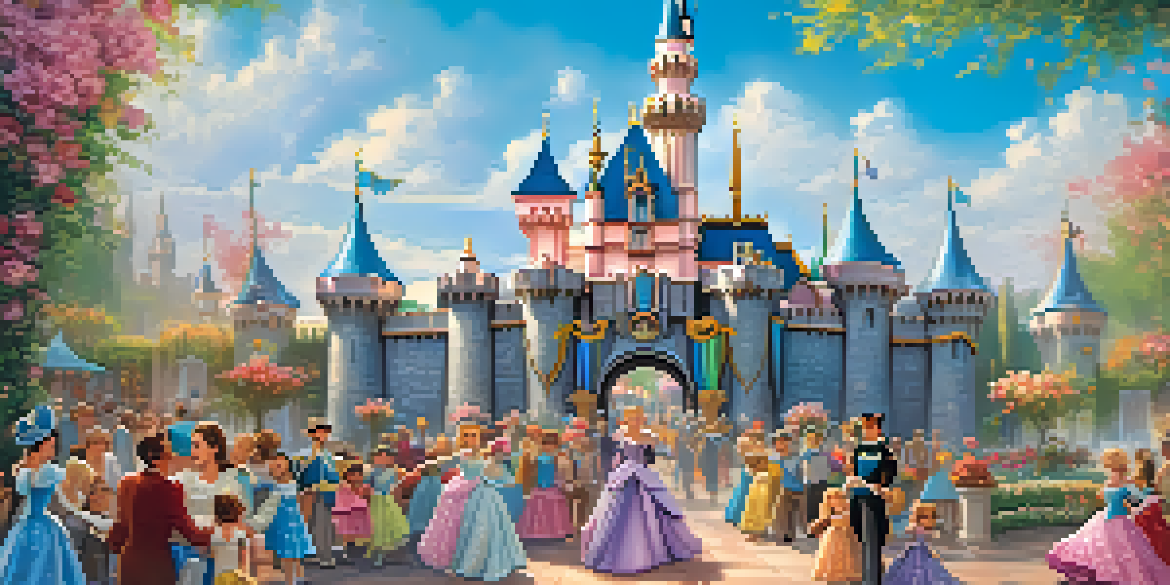 A colorful scene at Disneyland featuring families, flowers, and the Sleeping Beauty Castle under a blue sky.