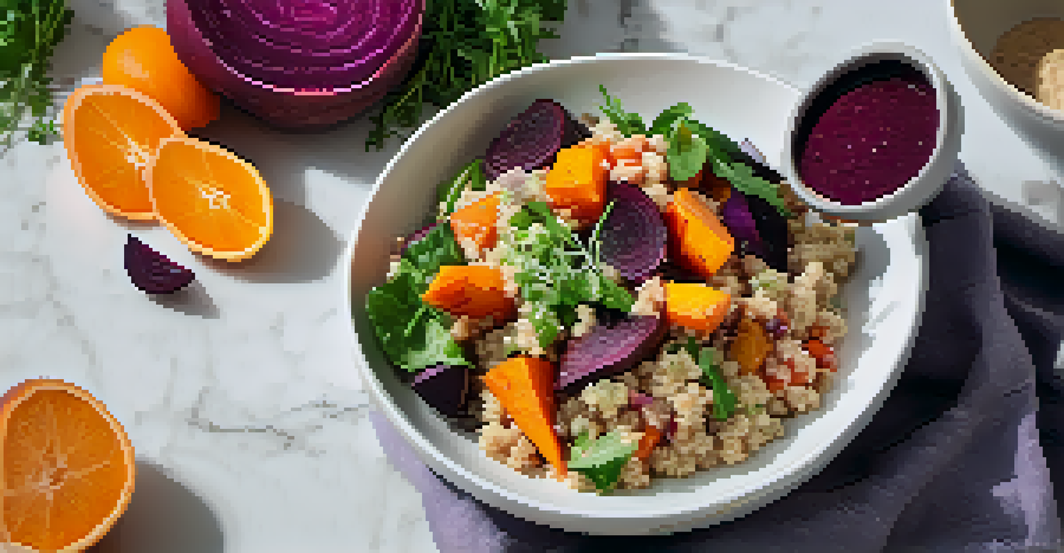 A colorful quinoa salad with roasted vegetables and tahini dressing, arranged elegantly on a marble surface.