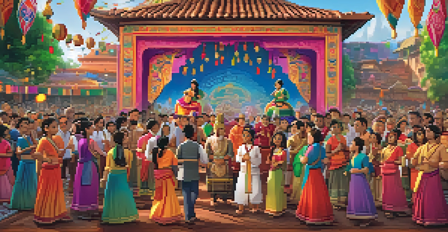 A lively animated scene depicting a cultural festival with diverse characters and colorful decorations.